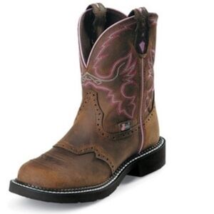 Justin Boots Boys Brown Leather Ankle Booties with Pink Accents